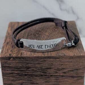 Adjustable Bracelet - Dark Brown with Silver Tone "You Are Enough"